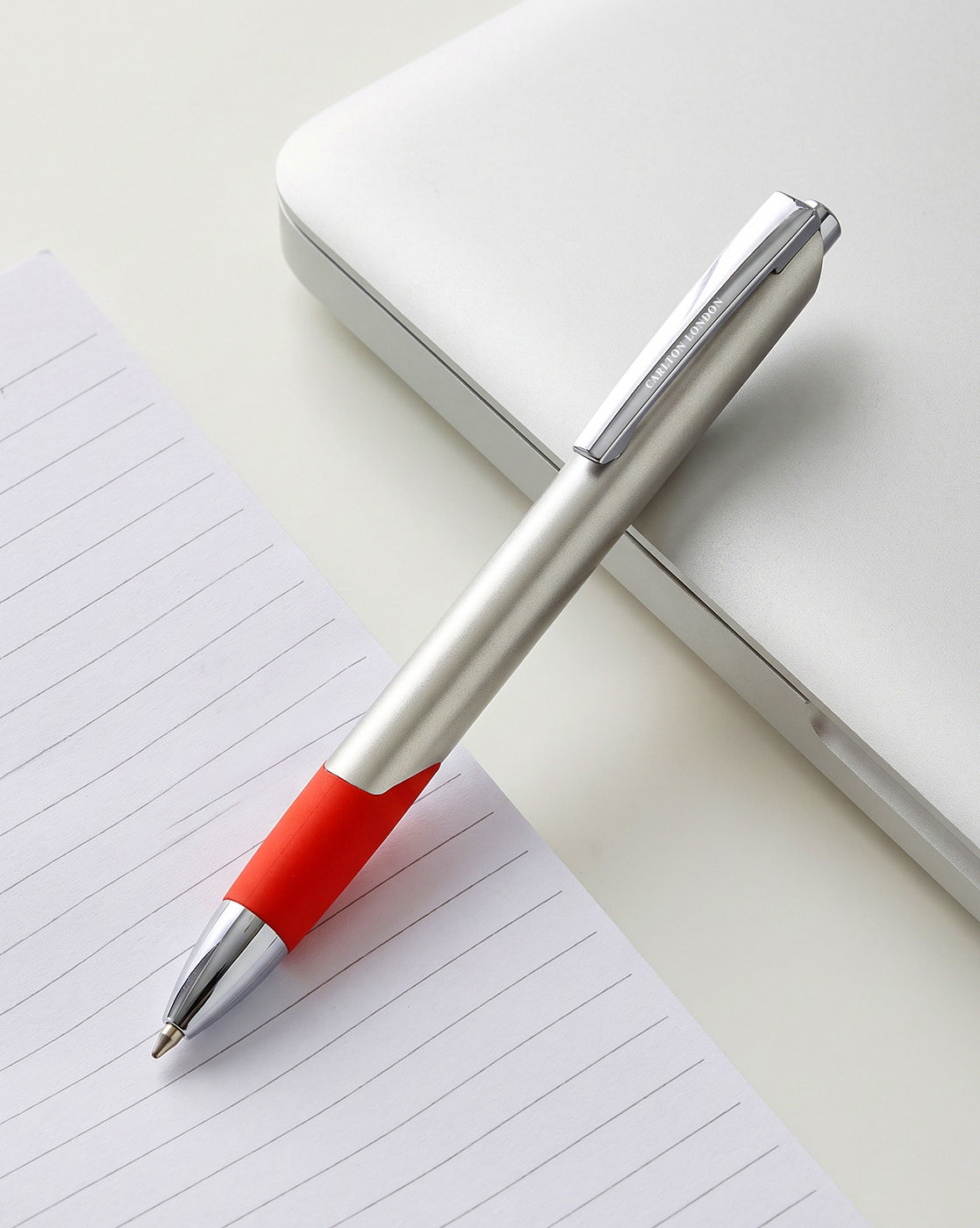 Silver &amp; Red Toned Smooth Ink Clicker Botton Writing Ball Pen with Grip and Fine Tip