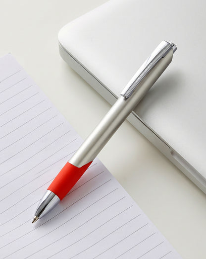 Silver &amp; Red Toned Smooth Ink Clicker Botton Writing Ball Pen with Grip and Fine Tip