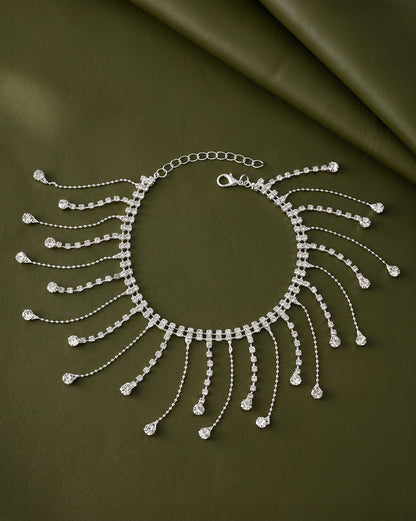 Silver Plated Rhinestone Tassel Fringe Anklet