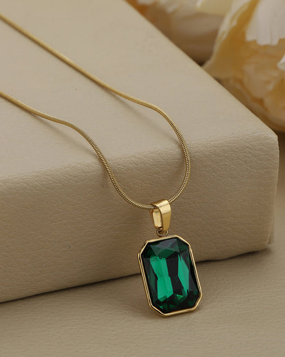 Gold Plated Emerald Green Glass Pendant &amp; Stainless Steel Chain
