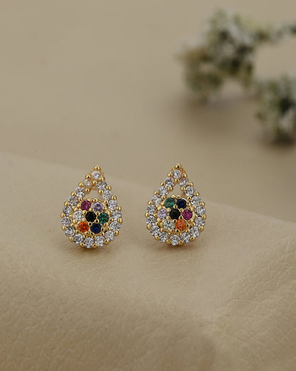 Gold Plated Elegant Multi Colour CZ Studded Tear Drop Petite Stud Earring