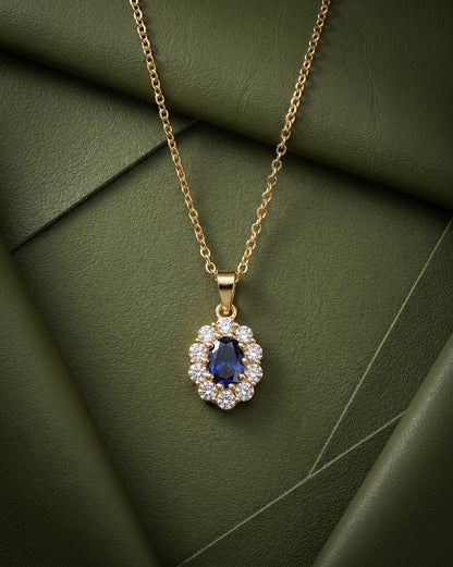 Premium 18kt Gold Plated Blue Sapphire CZ Halo Pendant with Chain