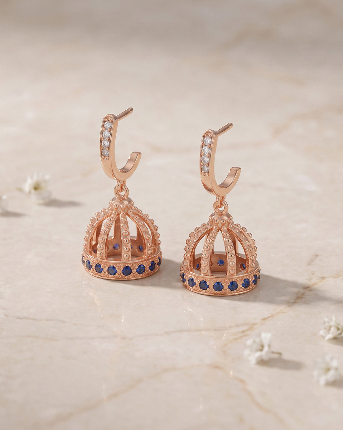 Premium 18kt Rose Gold Plated Delicate CZ &amp; Sapphire Blue Studded J-Hoop Jhumki Earring