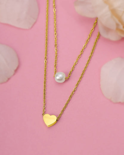 18Kt Gold Plated Pearl and Heart Layered Necklace