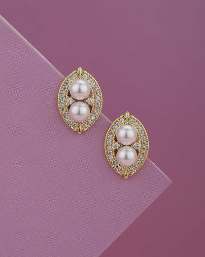 Premium Gold-Plated Twin Pearl CZ Oval Stud Earring