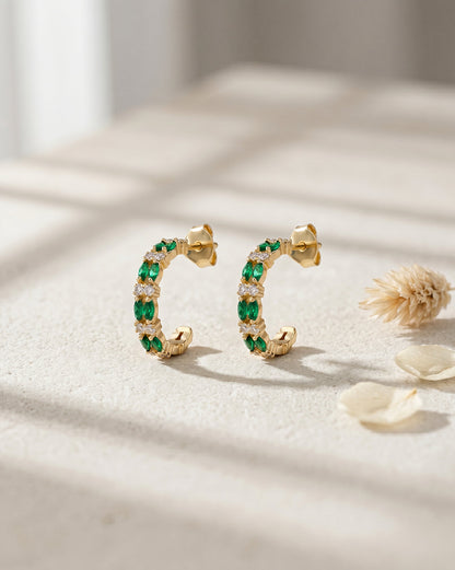18kt Gold Plated Emerald Studded Double Band Layered Half Hoop Earring