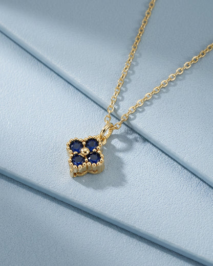 Gold Plated Petite Four-Clover Pendant with Sapphire Blue and Cable Chain