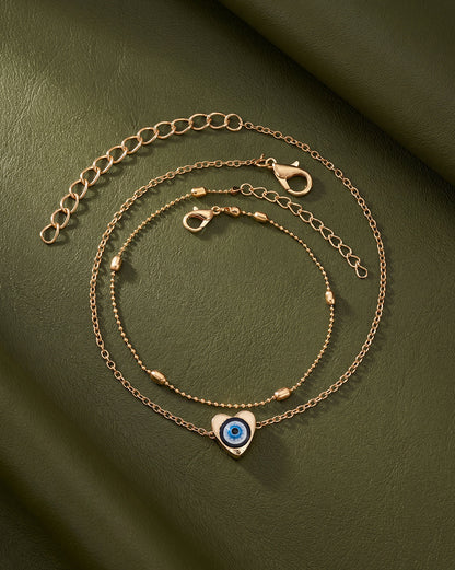 Set of 2 Rose Gold Plated Puff Heart Evil Eye Enamel Layered Anklet
