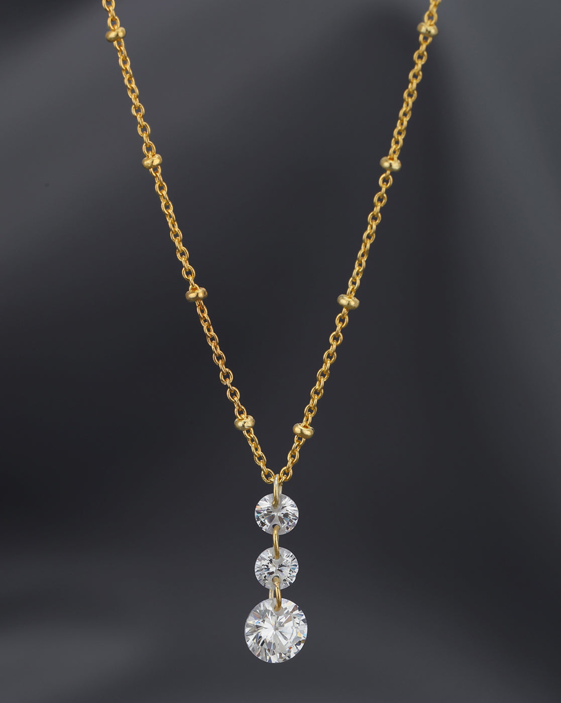 18KT Gold Plated Graduated Solitaire Drop Necklace with Fancy Chain