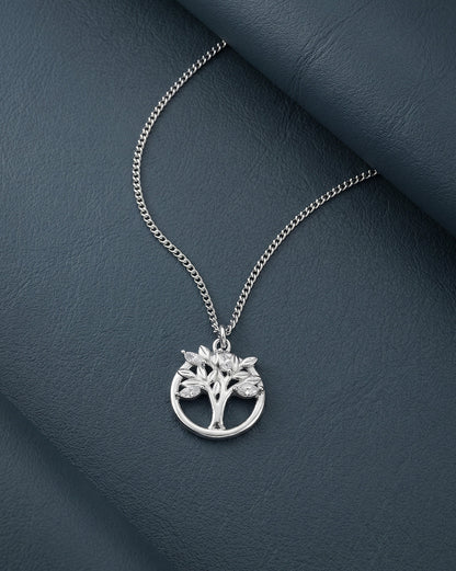 Rhodium Plated CZ Tree of Life Pendant and Chain Necklace