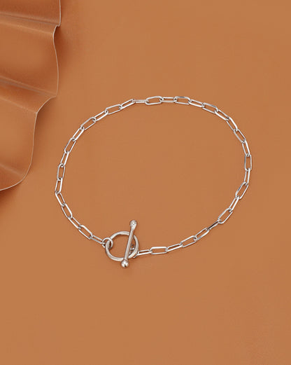 Rhodium Plated Paperclip Chain Toggle Bracelet