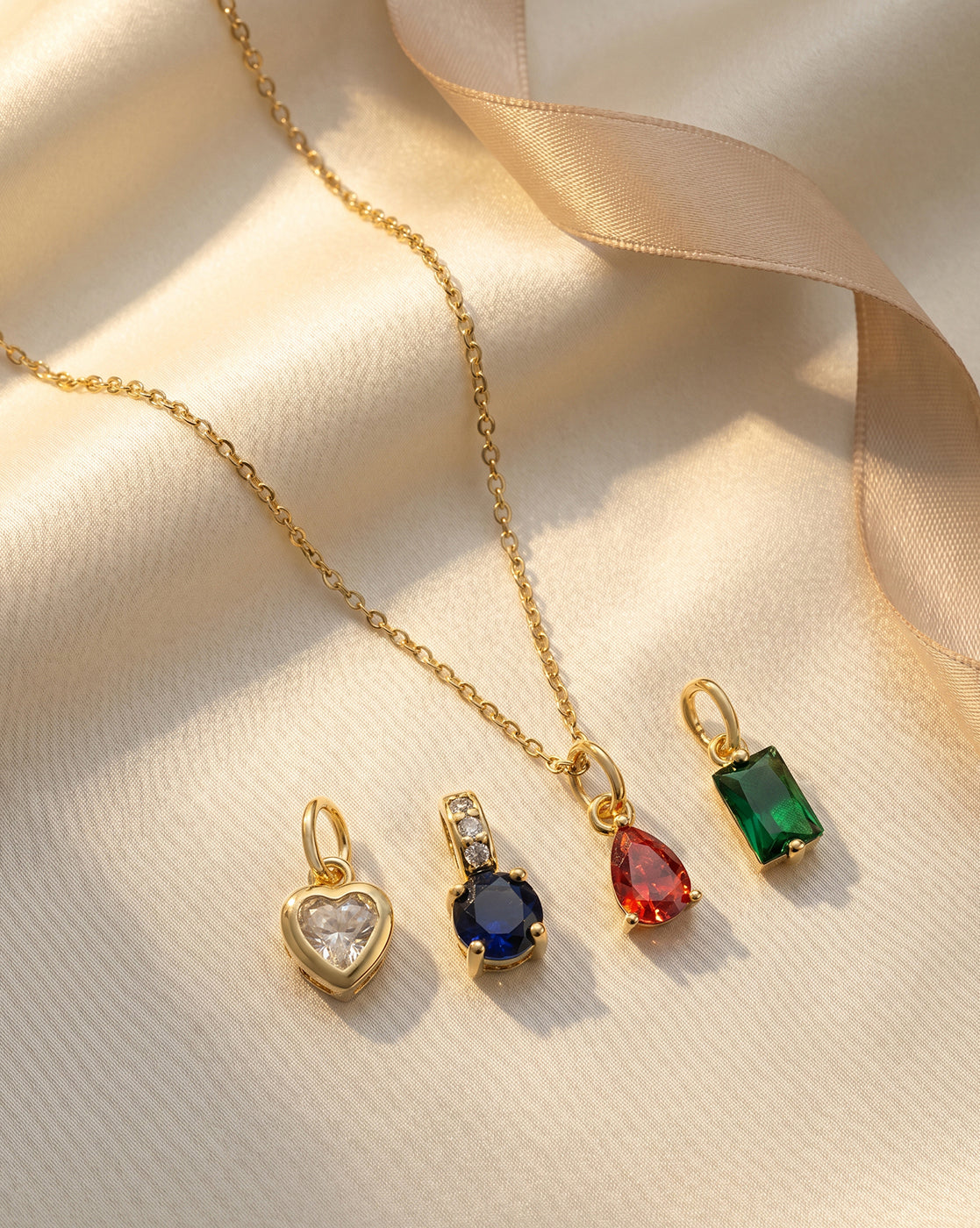 18kt Gold Plated CZ-Heart-Teardrop-Baguette &amp; Round Interchangeable Solitaire Pendant with Chain Necklace