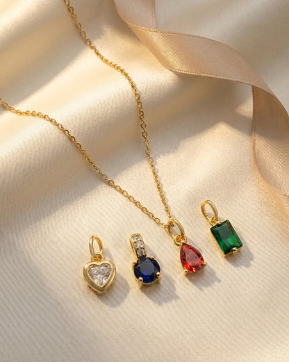 18kt Gold Plated CZ-Heart-Teardrop-Baguette &amp; Round Interchangeable Solitaire Pendant with Chain Necklace