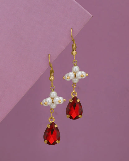 Gold Plated Pearl and Dangling Red Crystal Teardrop Earring