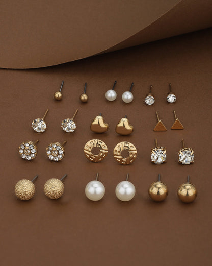 Multipack Set of 12 Gold Plated CZ Studded, Textured, Pearl &amp; Triangular Stud Earrings