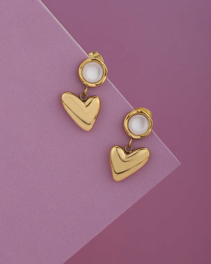 Gold Plated Pearl Studded Heart Drop Dangling Earring