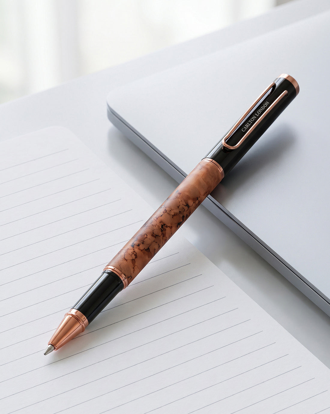 Rose Gold and Black Toned Elegant Metallic Writing Roller Ball Pen with Smooth Ink &amp; Clip