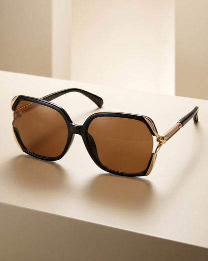 Black &amp; Gold Toned UV Protected Brown Lens Oversized Sunglasses for women CLSW612