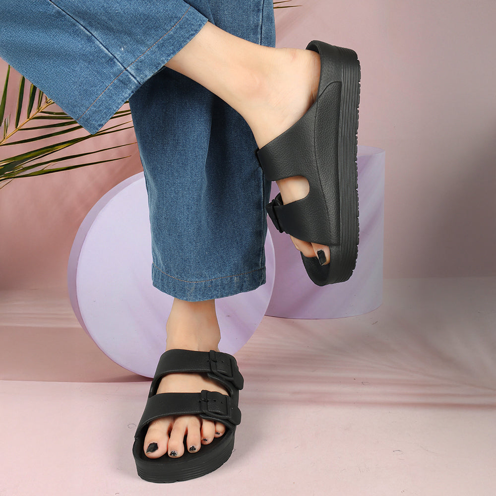 Women Solid Double Buckle Platform Slides