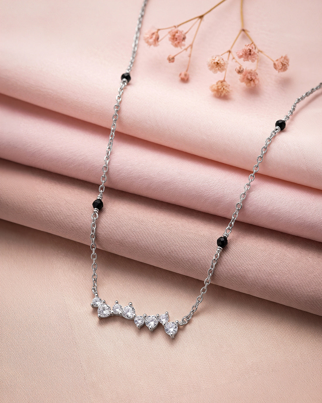 925 Sterling Silver Rhodium Plated Natural black bead & CZ Studded Designer Solitaire Mangalsutra