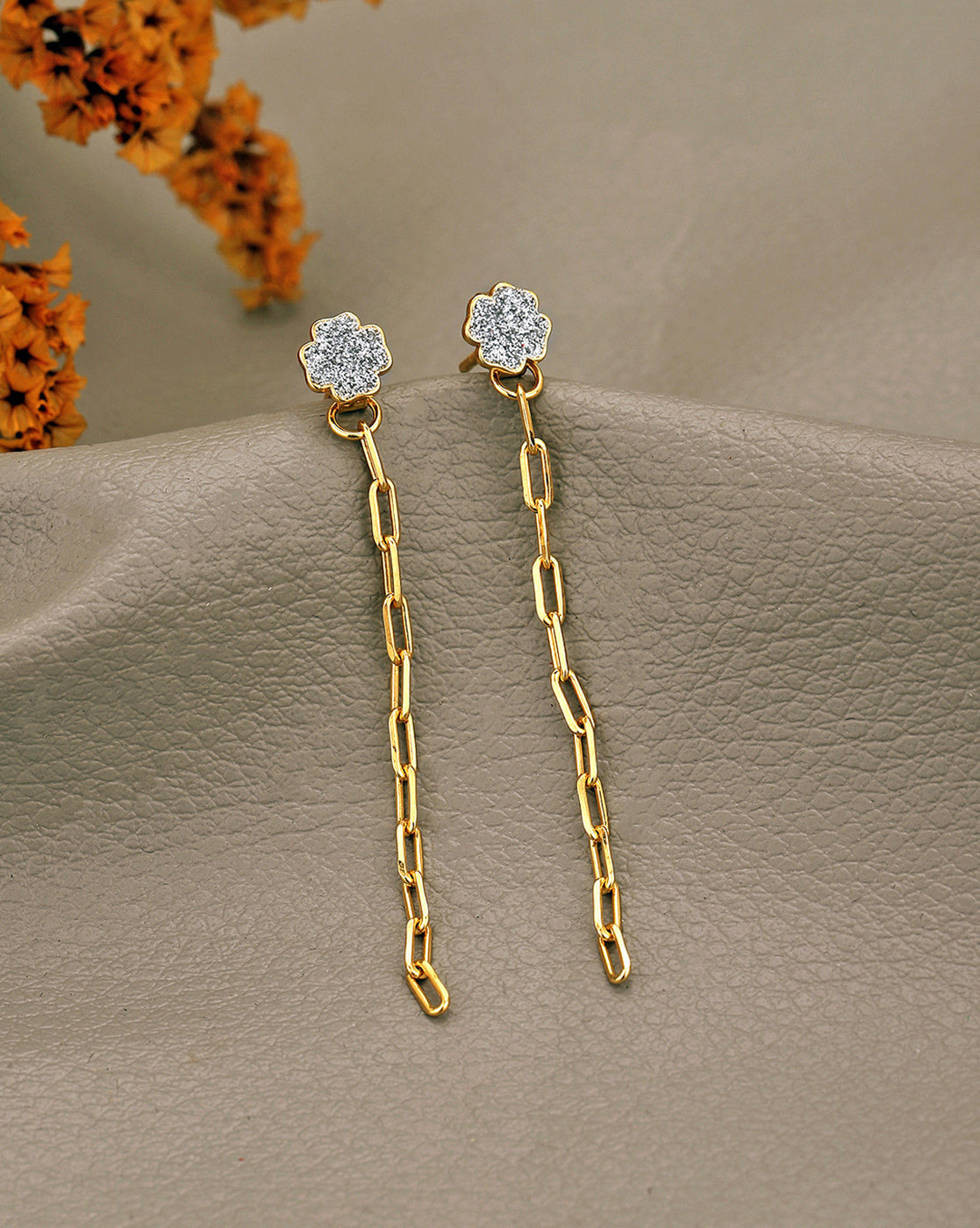 925 Sterling Silver 18kt Gold Plated CZ Dangling  Chain Stud Earring