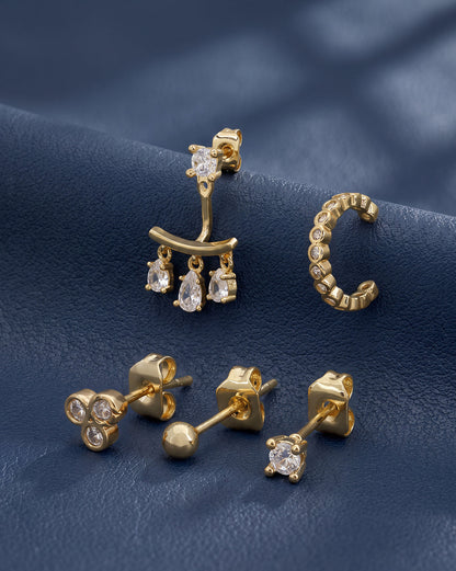 Gold Plated Designer Ear Cuff, Petite Stud &amp; Front-Back Earring Piercing Set