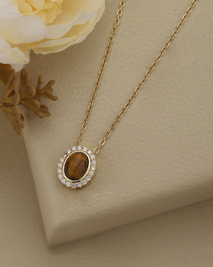Gold Plated Modern Tiger Eye &amp; CZ Halo Studded Necklace