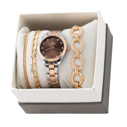 Women Gift Set Of 3 Brown Dial Watch + 3  Bracelets CLPLG054