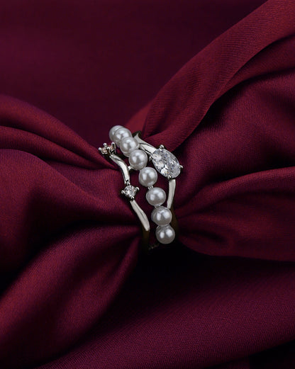 Silver-Plated Contemporary Pearl and CZ Adjustable Ring
