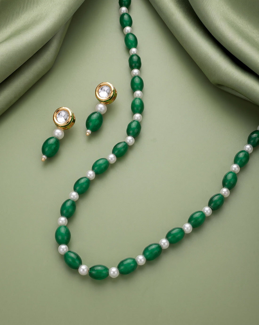 Gold Plated Emerald Green &amp; Pearl Beaded and CZ Jewellery Set