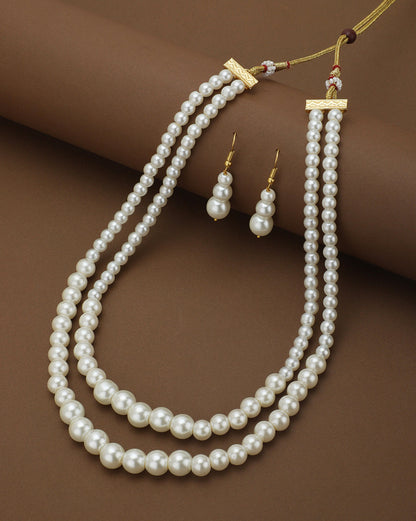 Gold Plated Double Strand Graduating Pearl Necklace with Earring Set