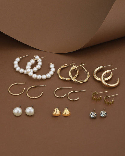 Multipack Set of 9 Gold Plated CZ and Pearl Heart Circular Stud and Hoop Earring