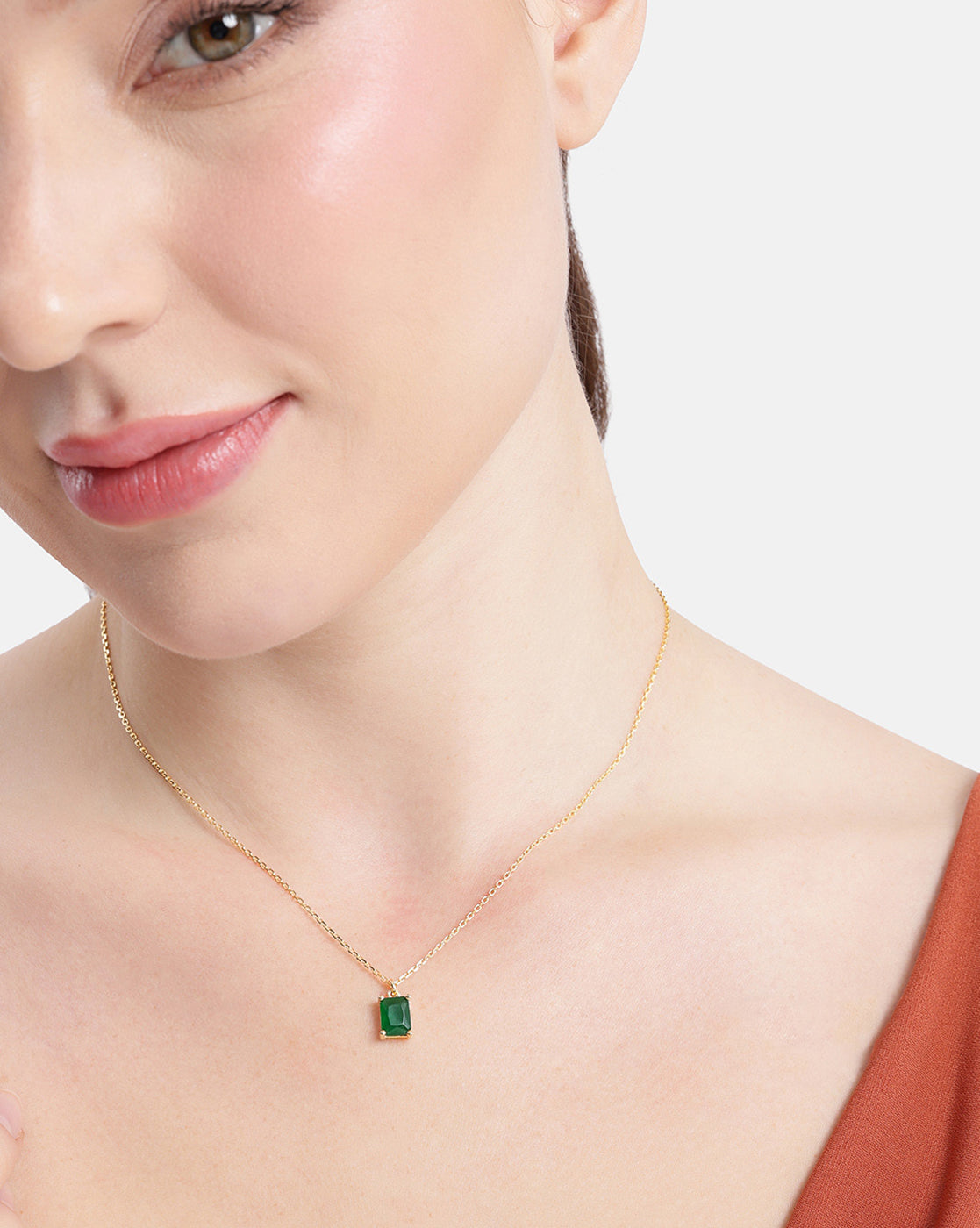 18kt Gold Plated Green Stone Square Pendant and Chain