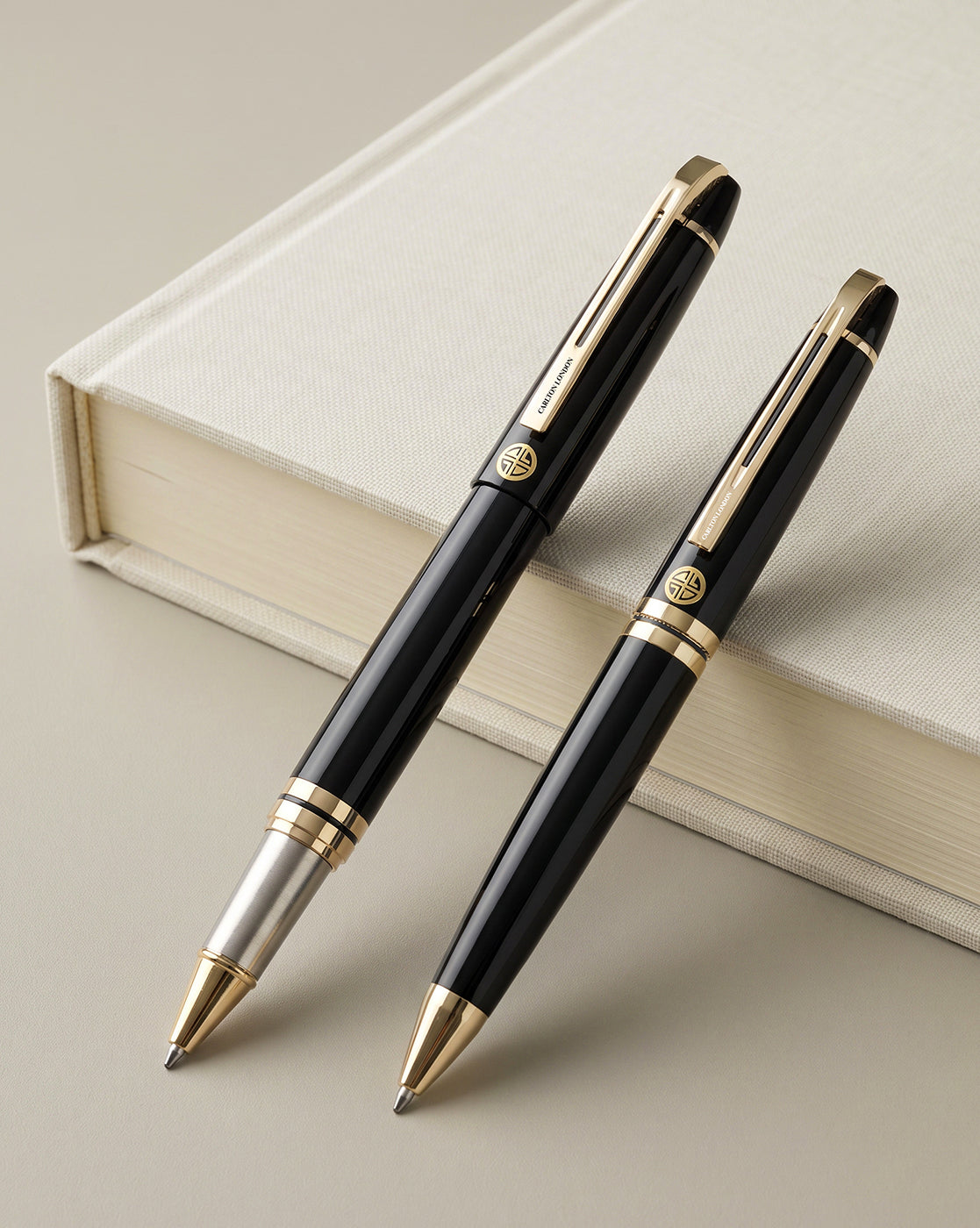 Set of 2 Glossy Black Metal Executive Roller and Twist Pen Gift Set with Gold Trim and Accents