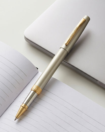 Grey and Gold Toned Elegant Executive Writing Roller Pen with Clip