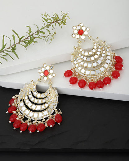 Gold Plated Mirror-Detail Layered Chandbali Earrings with Red Bead Drops