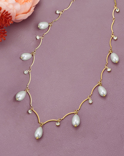 Gold Plated Contemporary Dangling CZ and Pearl Wave Necklace