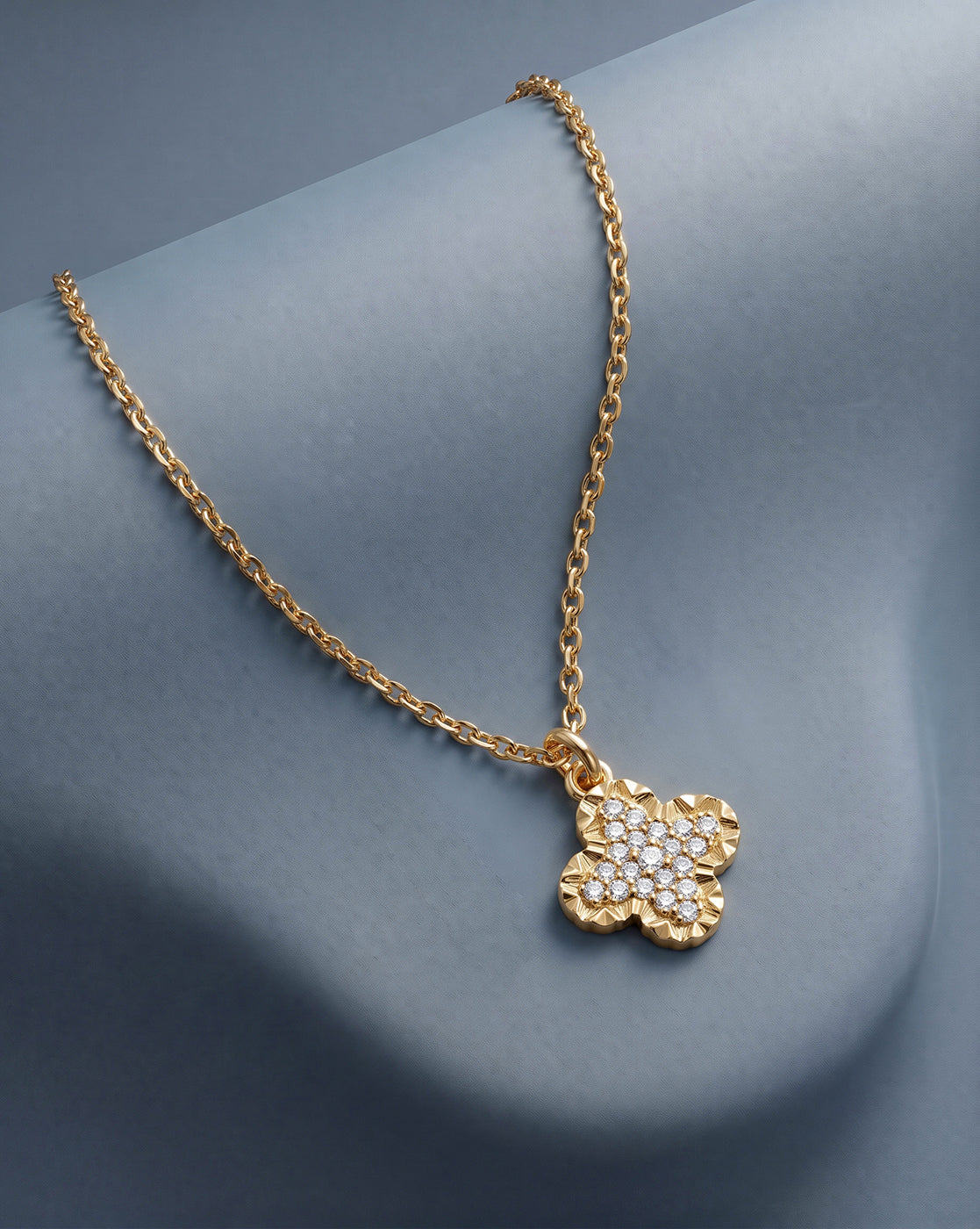 18kt Gold Plated Four-Clover CZ Studded Pendant and Chain