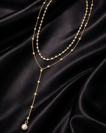 Gold Plated Elegant Pearl Layered Lariat Necklace