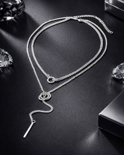 Silver Plated Dangling Bar and Interlinked Ring Lariat Layered Necklace