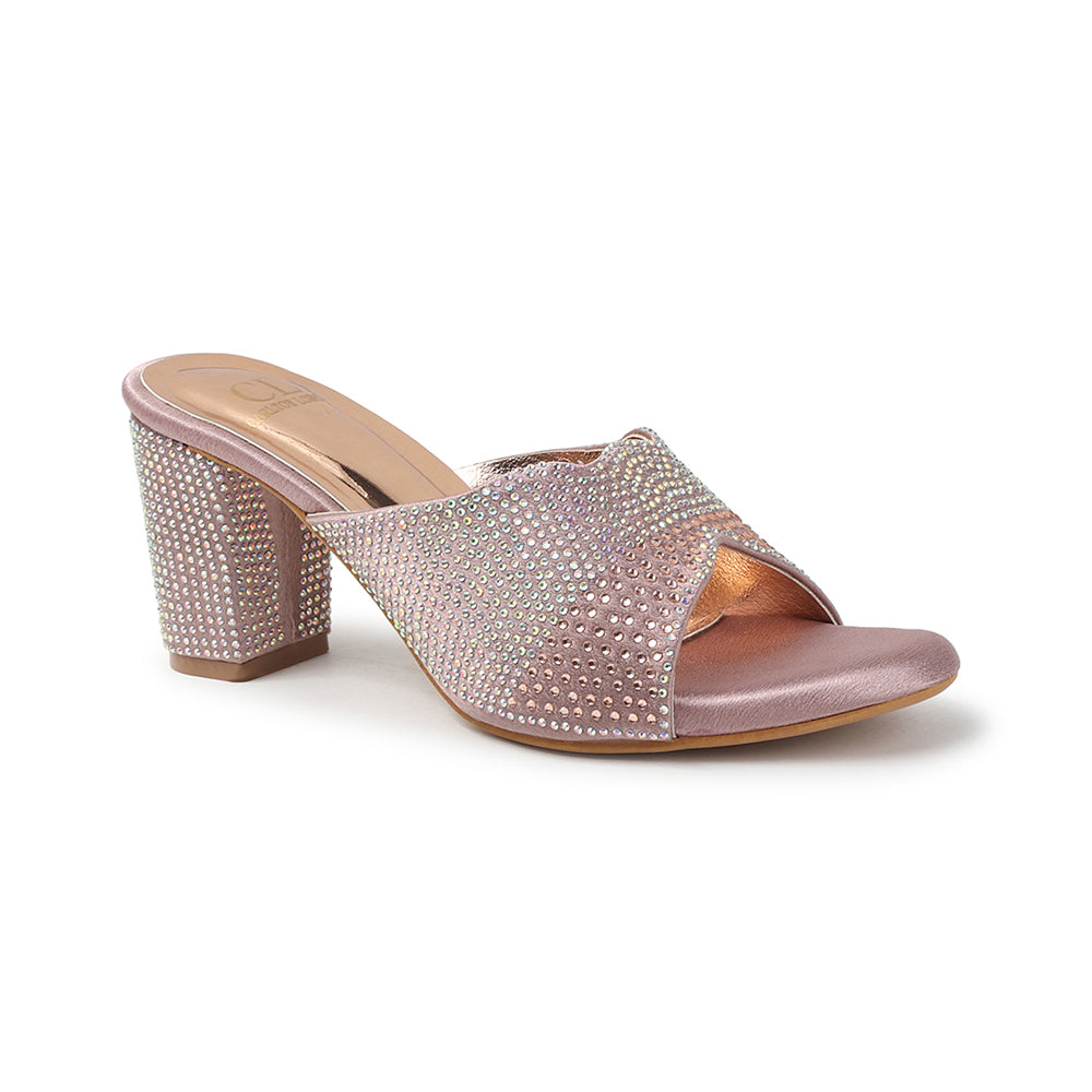 Women Lridescent Gem Embellished Block Heel Sandals