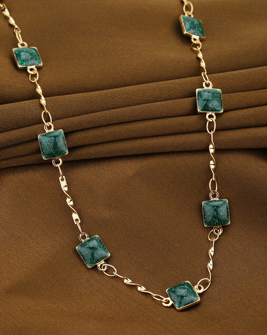 Gold Plated Contemporary Geometric Teal Stones Station Chain Necklace