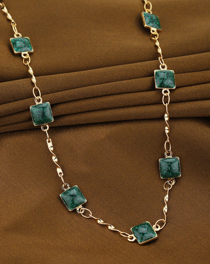 Gold Plated Contemporary Geometric Teal Stones Station Chain Necklace