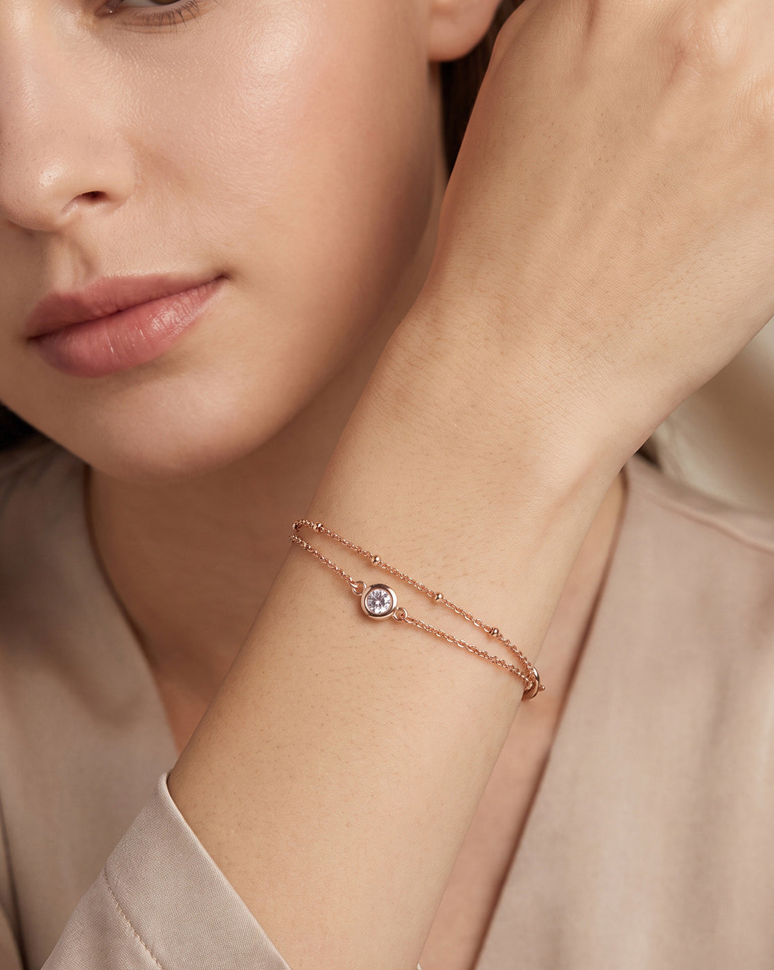 18kt Rose Gold Plated CZ Double Chain Wraparound Bracelet
