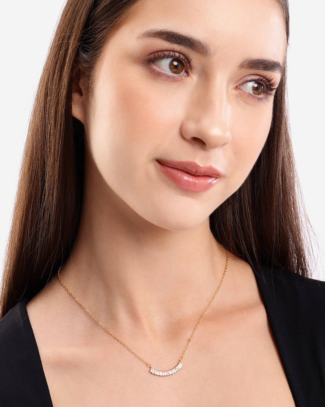 Gold Plated Designer Tapered Baguette Studded Curved Bar Necklace