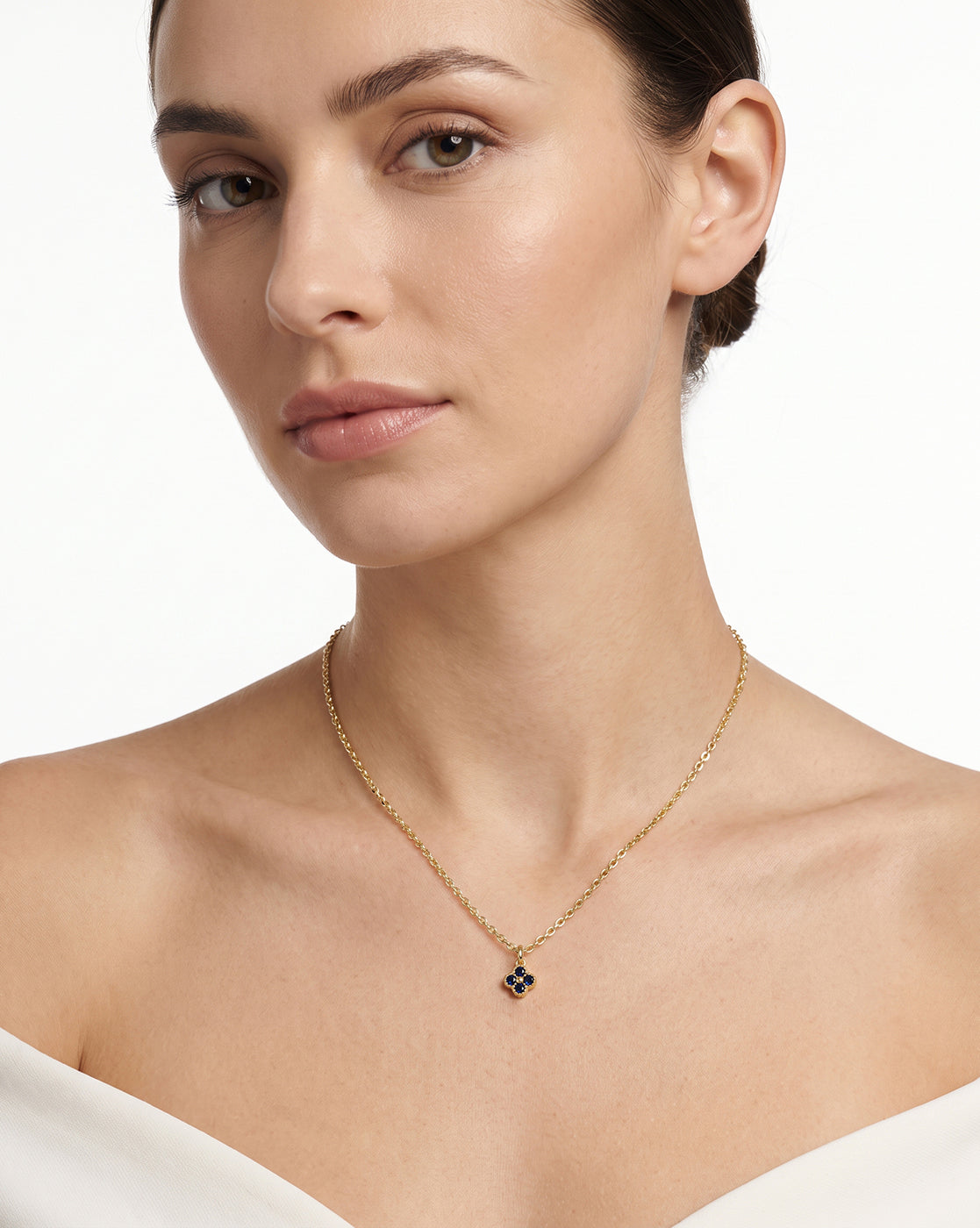 Gold Plated Petite Four-Clover Pendant with Sapphire Blue and Cable Chain