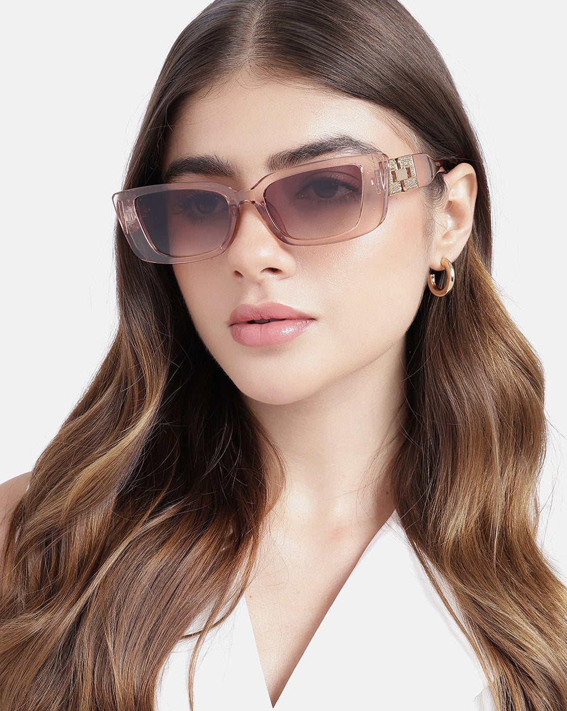 Woman Peach &amp; Gold Toned UV Protected Brown Lens Cateye Sunglasses