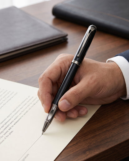 Black and Silver Toned Executive Luxury Writing Roller Ball Pen with Clip and Smooth Ink Flow