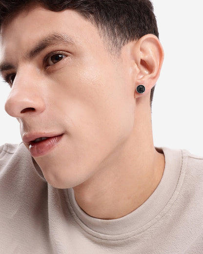 Men Silver Plated Black CZ Stud Earring