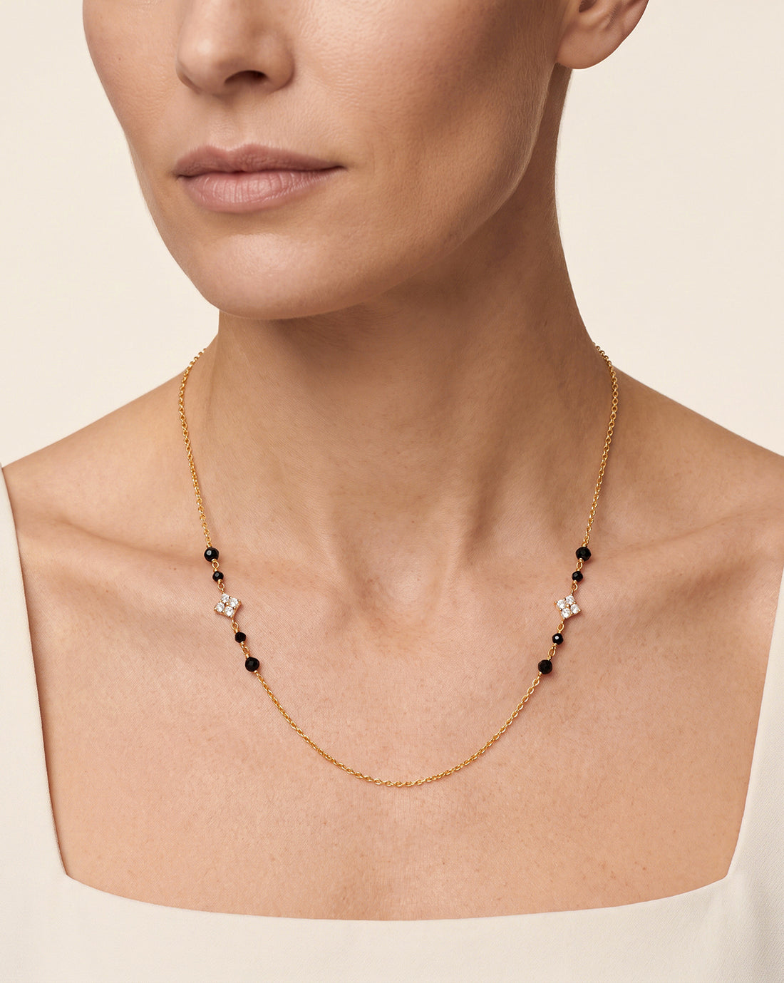 925 Sterling Silver 18kt Gold Plated Natural black bead &amp; CZ Studded Contemporary Mangalsutra